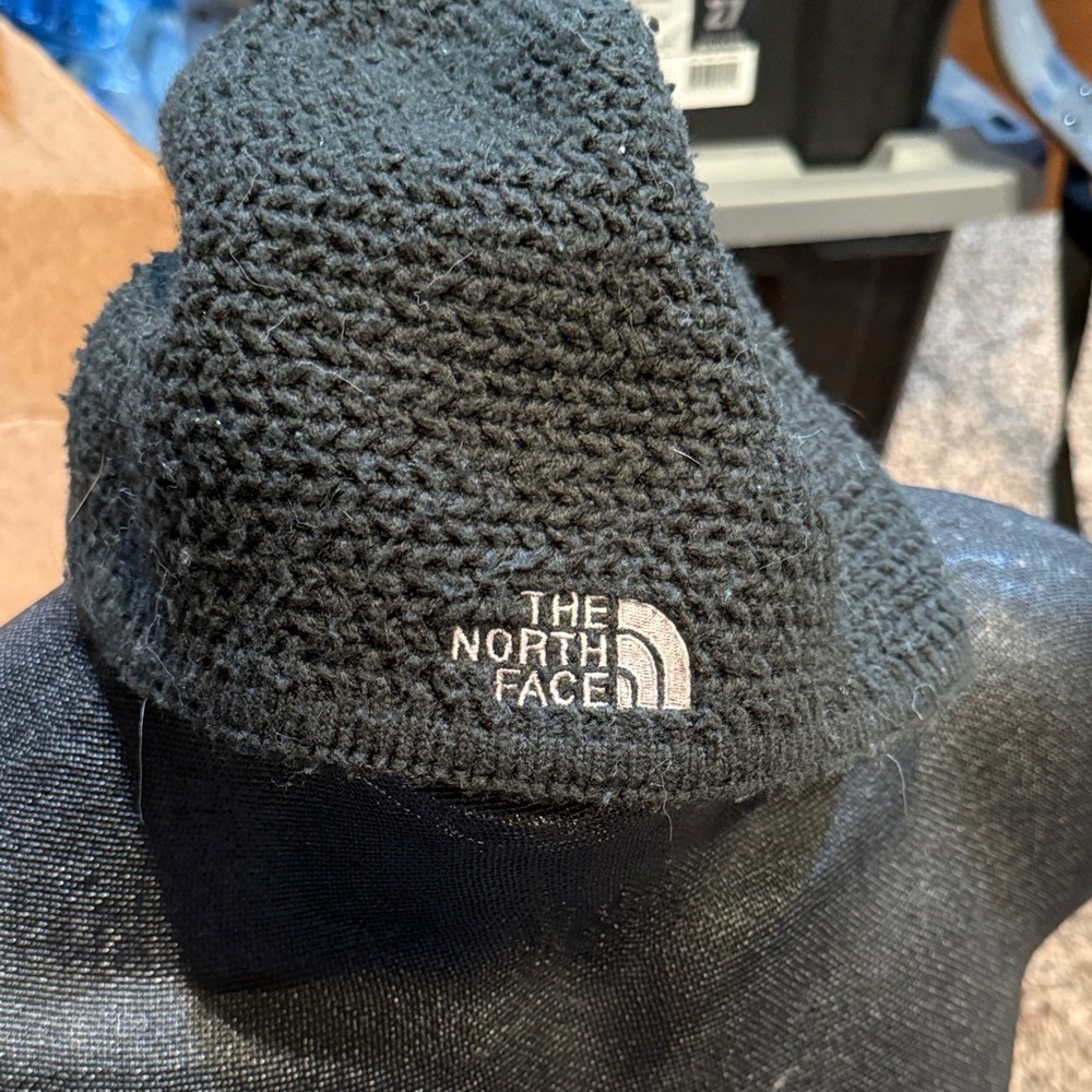 The North Face Black Crochet Knit Beanie with White Logo